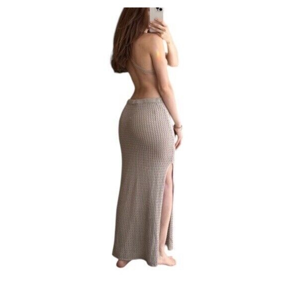 Beige Botany Knit Crochet Cut Out Backless Maxi Dress Taupe Size Womens M - Picture 3 of 11